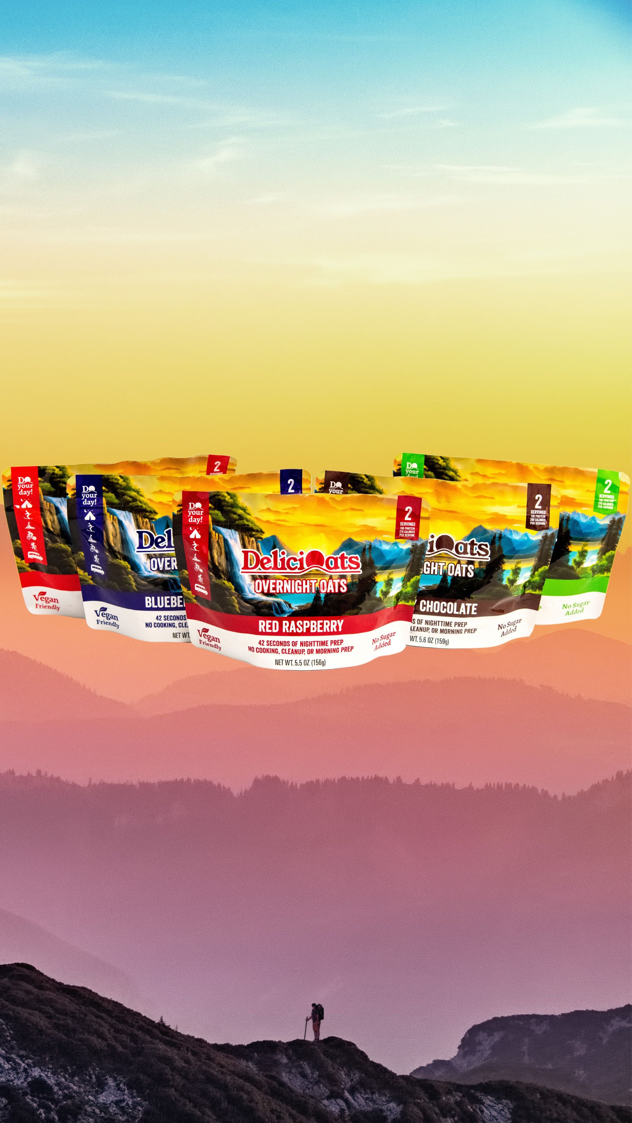 Image showing DeliciOats variety pack with hiker at dawn